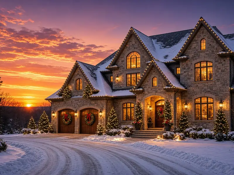Stone home in snow at sunset outlined with white Christmas lights